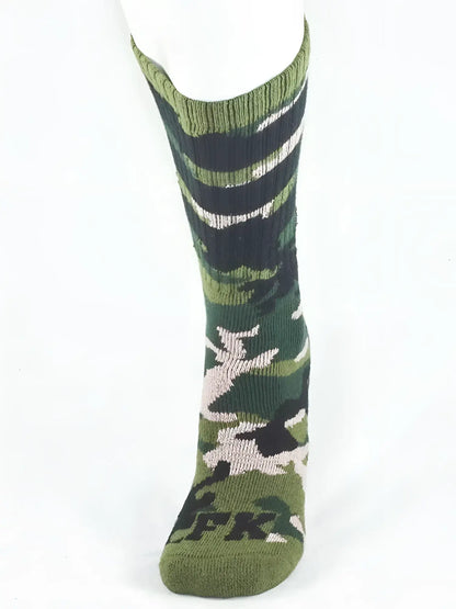 Fk sport camo sock in green camouflage with black and white stripes and fk logo on the foot