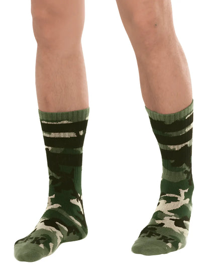 Fk sport camo sock with green camouflage design black and beige patterns ribbed cuff and spk logo on the toe