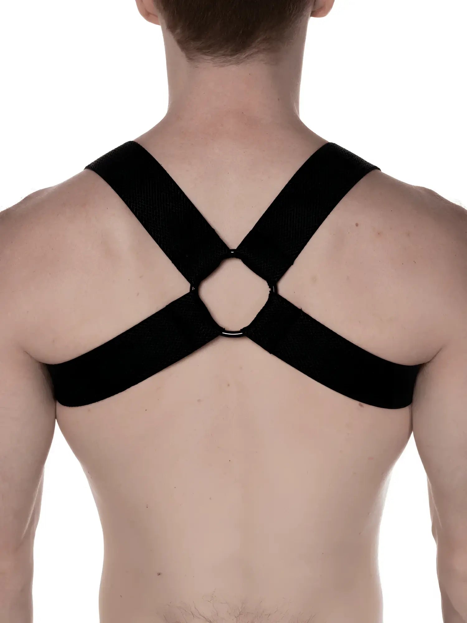 Black cross-back support strap with central ring for fk sport chevron harness shown from the back side