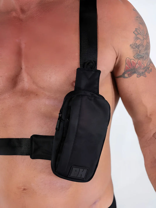 Fk sport crossbody bag in black nylon with subtle textured finish and small rectangular logo patch on front