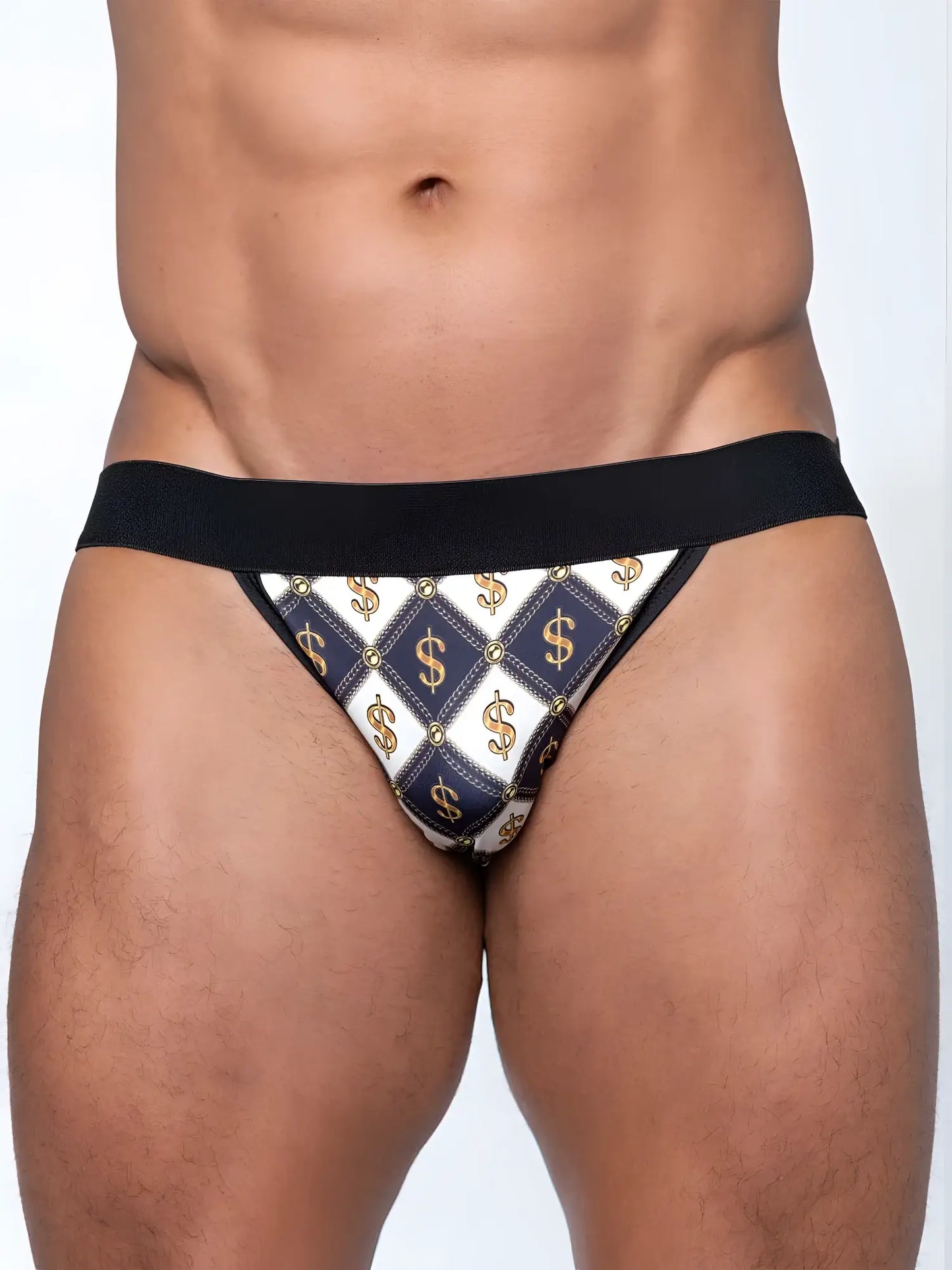 Black and white diamond patterned briefs with gold dollar sign motifs from fk sport dollahs jock collection