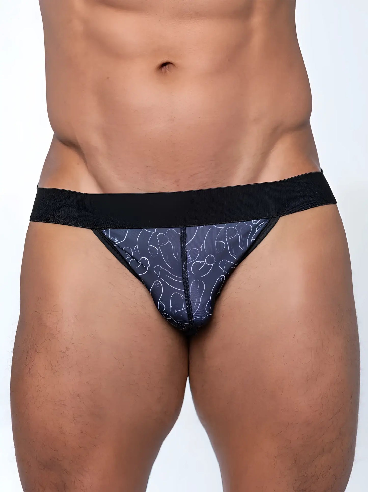 Dark blue thong jock with penis print line drawing pattern and black elastic waistband from FK sport product line
