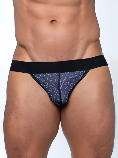 Dark blue thong jock with penis print line drawing pattern and black elastic waistband from FK sport product line