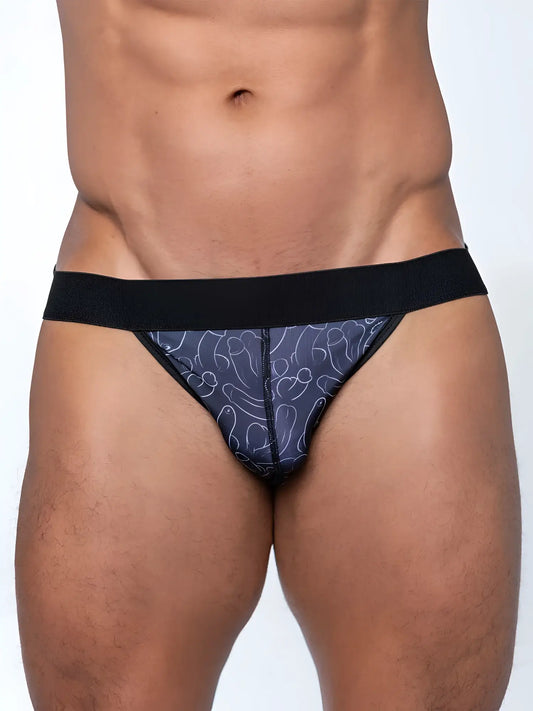 Dark blue thong jock with penis print line drawing pattern and black elastic waistband from FK sport product line