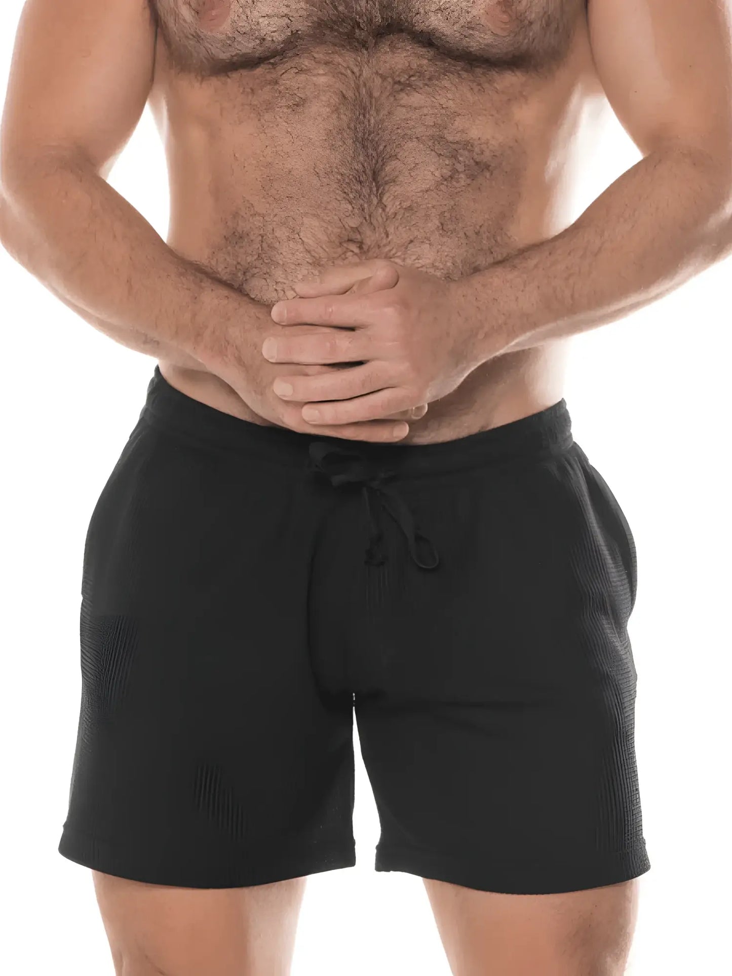 Black fk sport swinger shorts with drawstring made of soft textured fabric featuring relaxed fit and side pockets