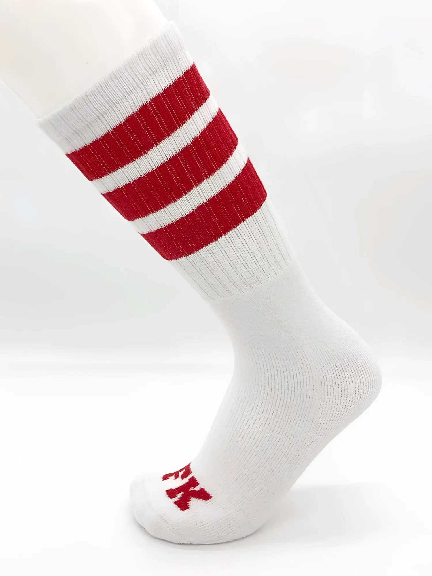 Fk sport white tube sock with three red stripes and a small red logo on the toe in athletic design