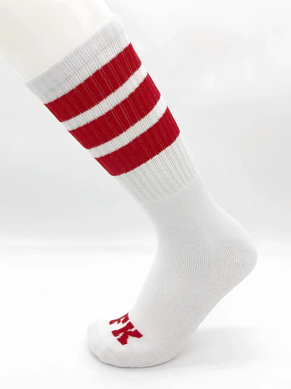 Fk sport white tube sock with three red stripes and a small red logo on the toe in athletic design
