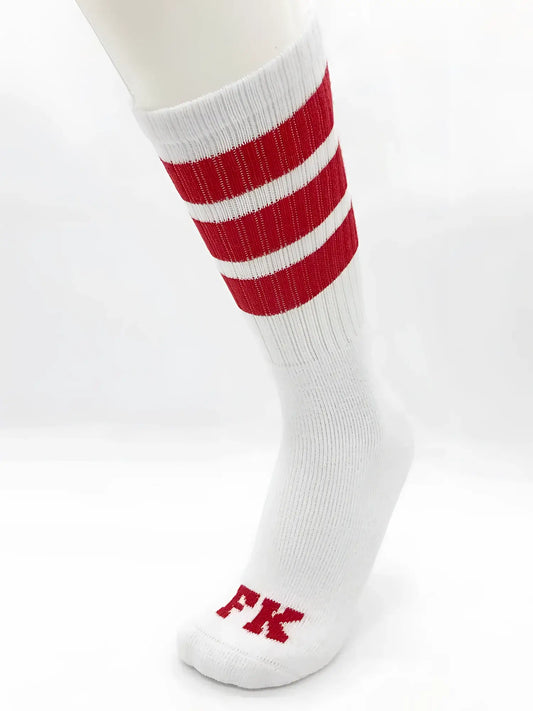 Fk sport white tube sock with three bold red stripes and embroidered fk logo on the toe for athletic use