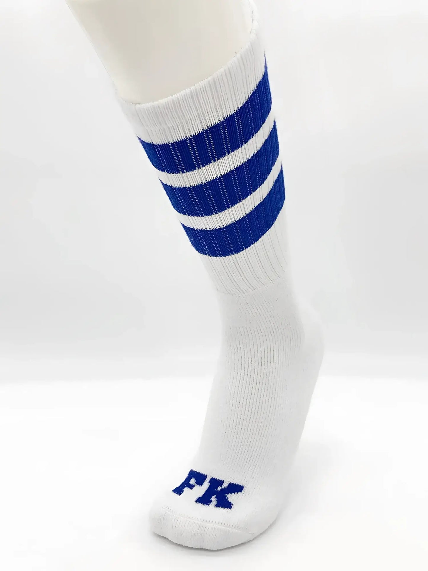 Fk sport white tube sock with three bold blue stripes and matching fk logo embroidered on the toe