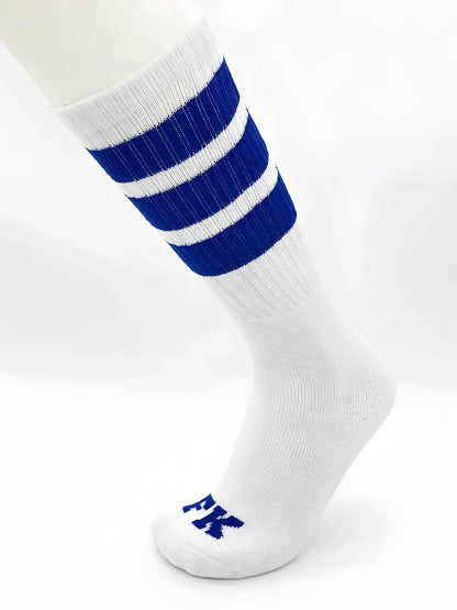 Fk Sport white tube sock with bold blue stripes near the top and an embroidered blue fk logo on the toe