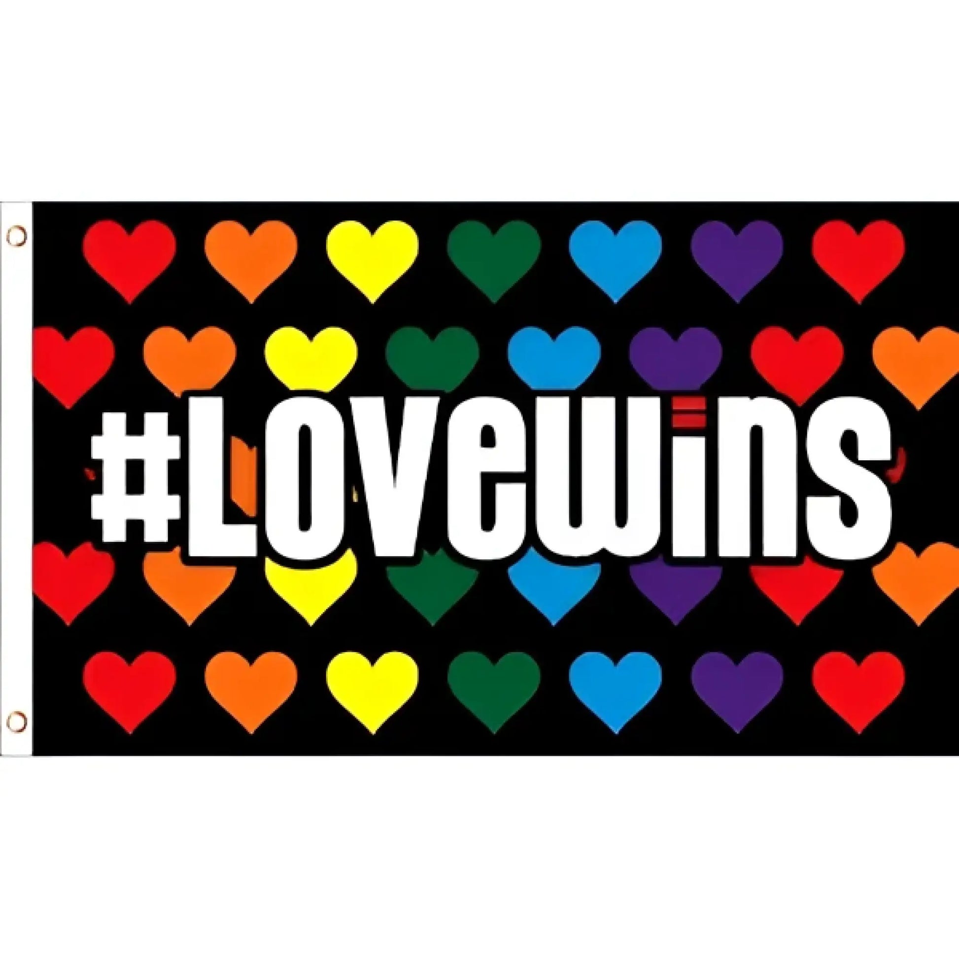 Flag love wins black fabric flag with rainbow-colored hearts and bold white text hashtag lovewins for pride display