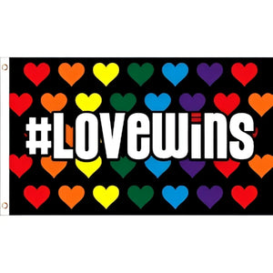Flag love wins black fabric flag with rainbow-colored hearts and bold white text hashtag lovewins for pride display