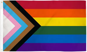 Flag progress pride featuring a vibrant multi-colored rainbow design with diagonal stripes and arrowhead pattern