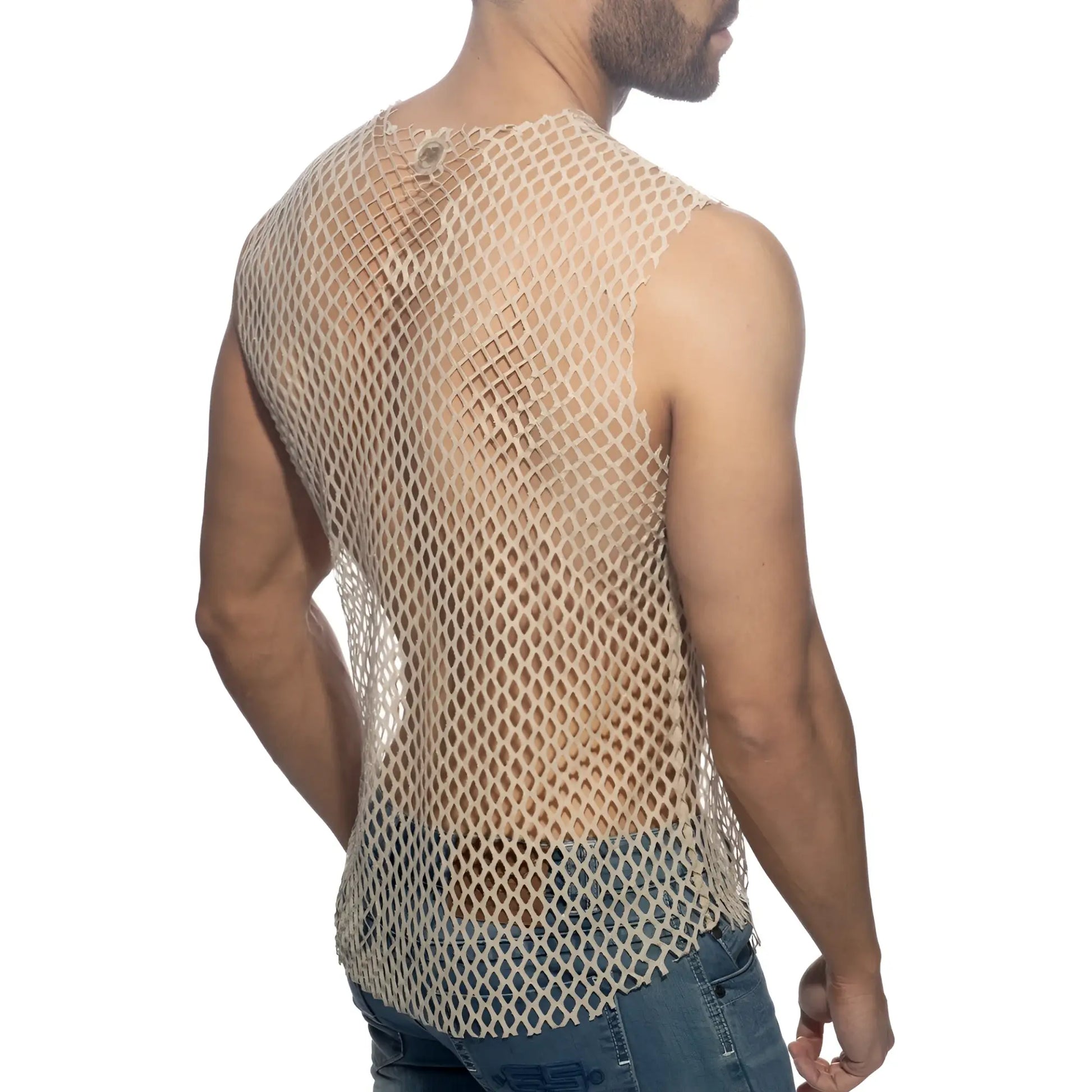 Beige flamboyant tank top featuring a diamond mesh net pattern and a small button at the neckline