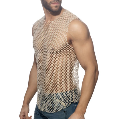 Beige mesh sleeveless flamboyant tank top with a fitted form fitting design for stylish casual wear