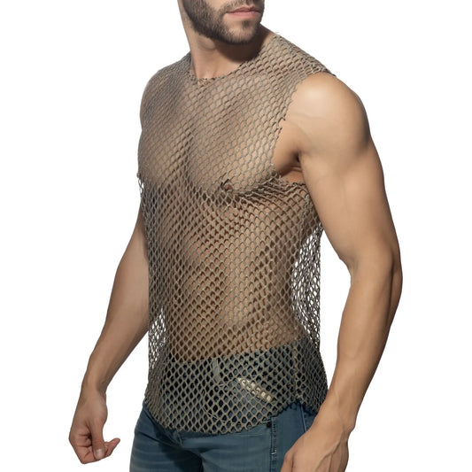 Flamboyant tank top metallic chainmail sleeveless top with dark gray interlocking mesh links
