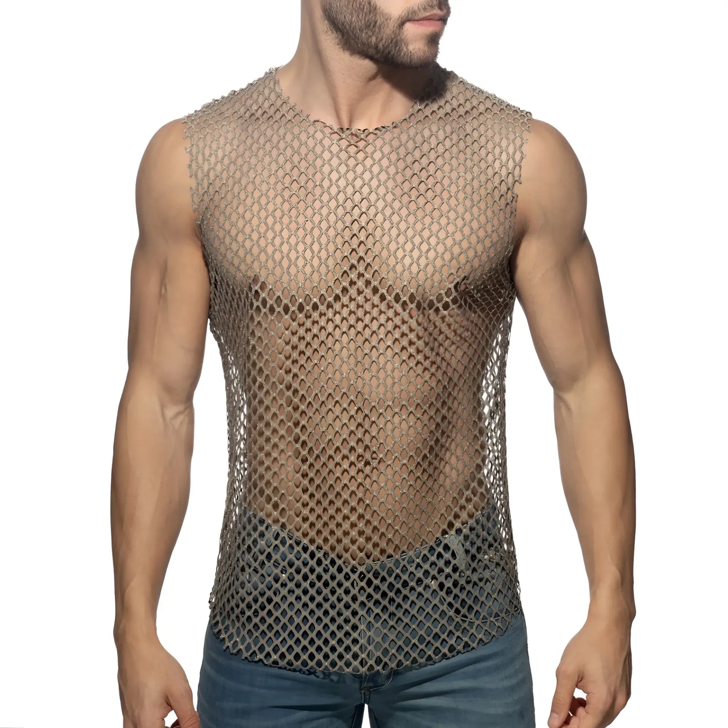 Flamboyant tank top metallic sleeveless with tight diamond pattern chainmail mesh design in silver color
