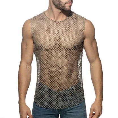 Flamboyant tank top metallic sleeveless with tight diamond pattern chainmail mesh design in silver color
