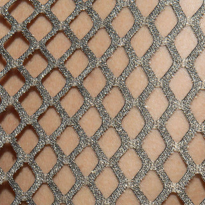 Silver glittery mesh fabric with diamond lattice pattern on flamboyant tank top front or back side