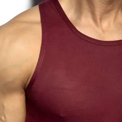 Maroon ribbed flame tank top with simple round neckline made from soft stretchy fabric for casual wear