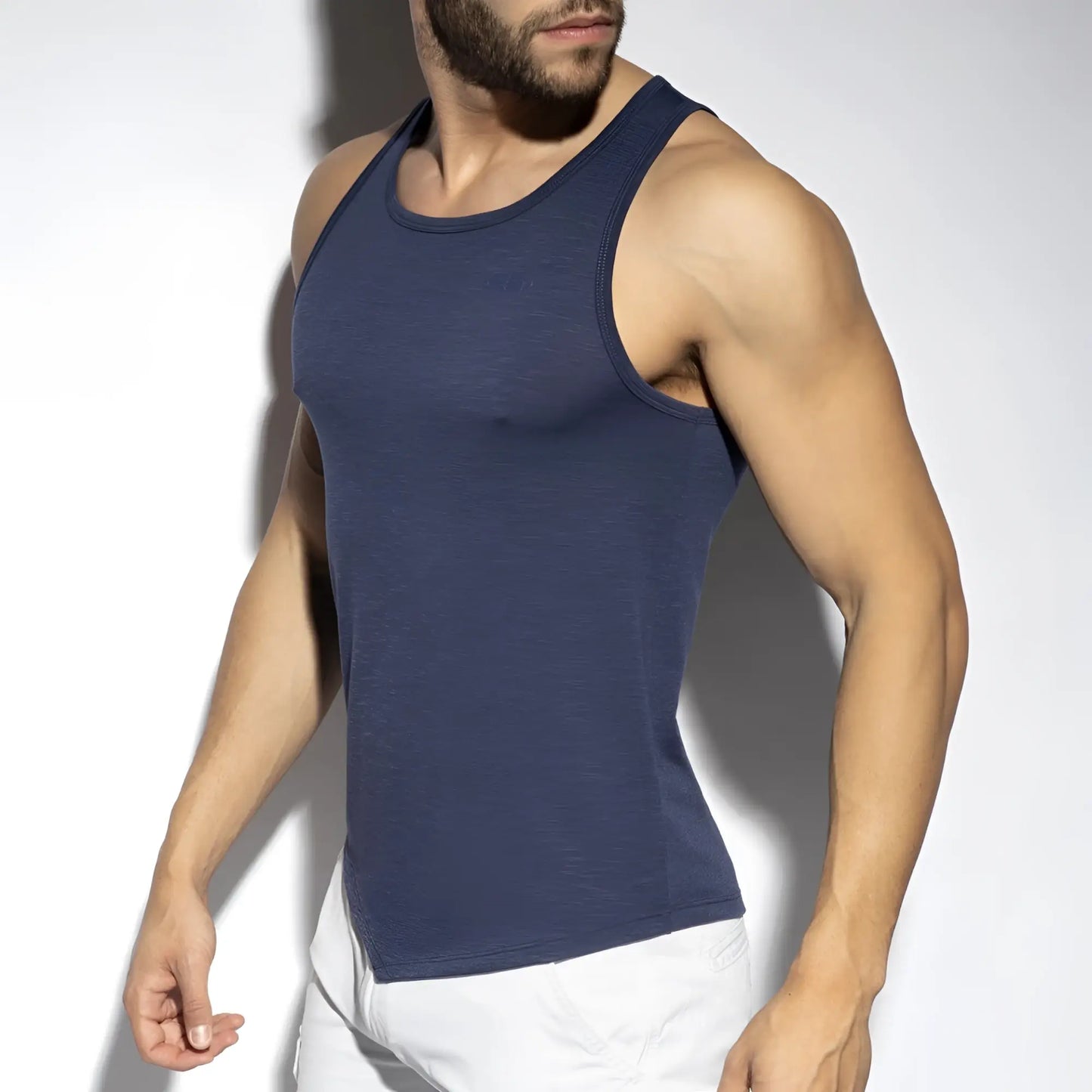 Navy blue ribbed cotton flame tank top with a sleeveless design perfect for casual wear