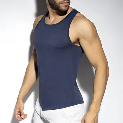 Navy blue ribbed cotton flame tank top with a sleeveless design perfect for casual wear