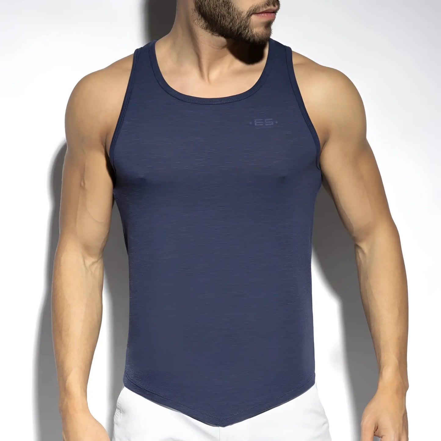 Navy blue textured flame tank top with subtle chest logo perfect for casual and athletic wear