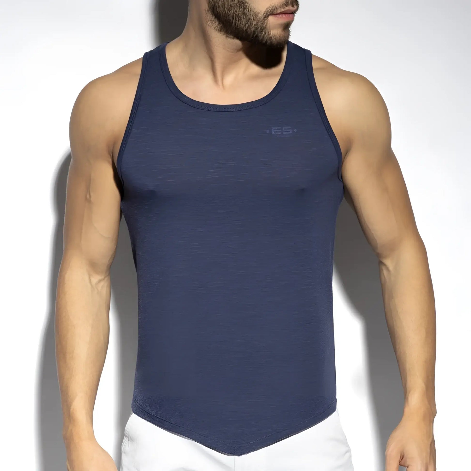 Navy blue textured flame tank top with subtle chest logo perfect for casual and athletic wear
