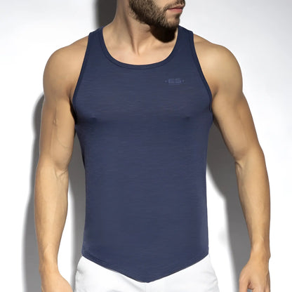 Navy blue textured flame tank top with subtle chest logo perfect for casual and athletic wear