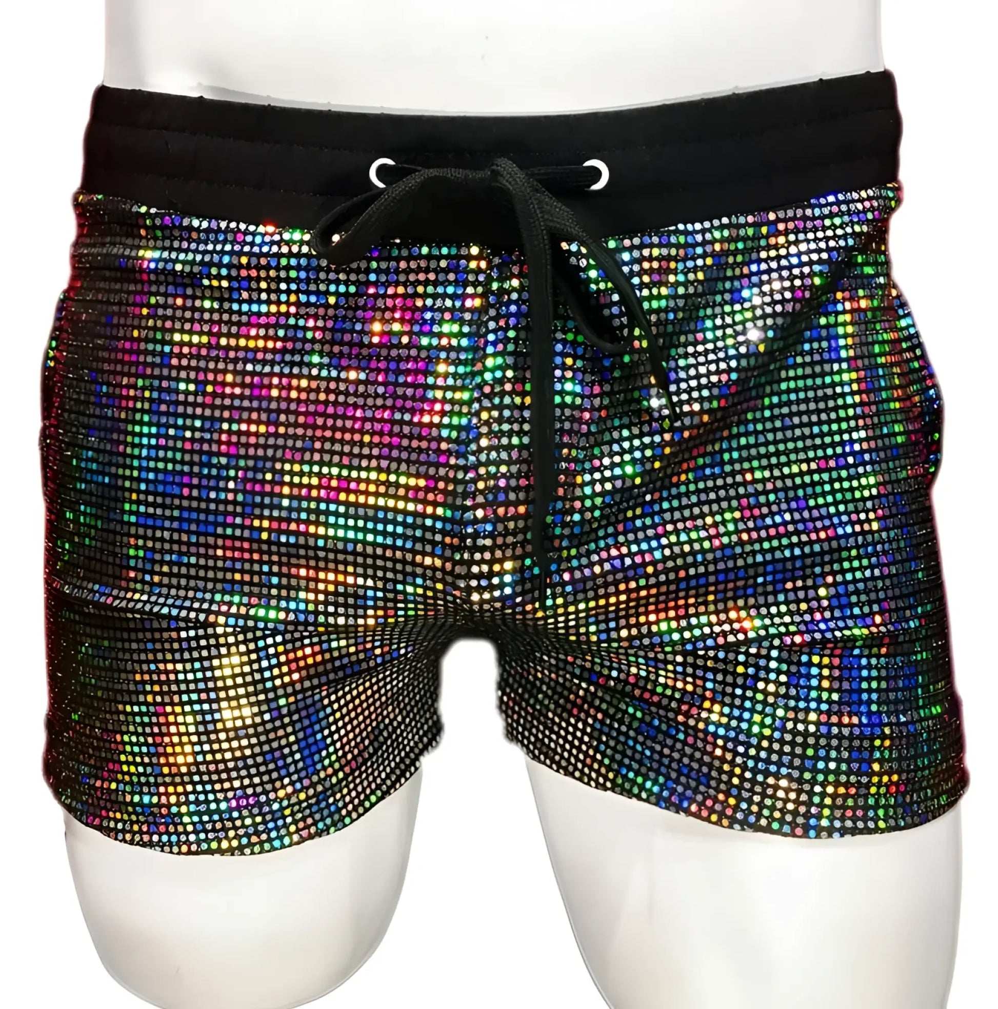 Flat sequin short iridescent rhinestone shorts with black elastic waistband and drawstring for stylish wear