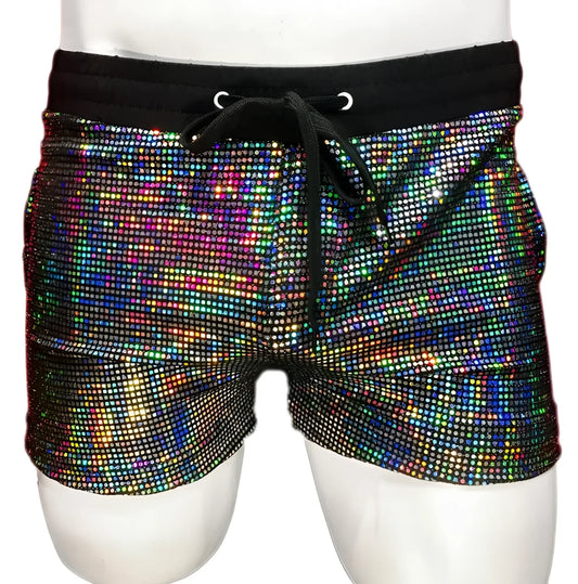 Flat sequin short iridescent rhinestone shorts with black elastic waistband and drawstring for stylish wear