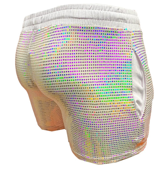 Flat sequin short iridescent sequined shorts with mesh base and elastic waistband for a stylish look