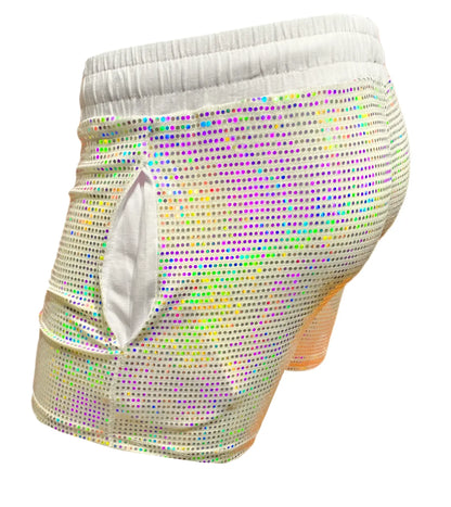 Flat sequin short shiny iridescent sequined shorts with white elastic waistband and small front pocket