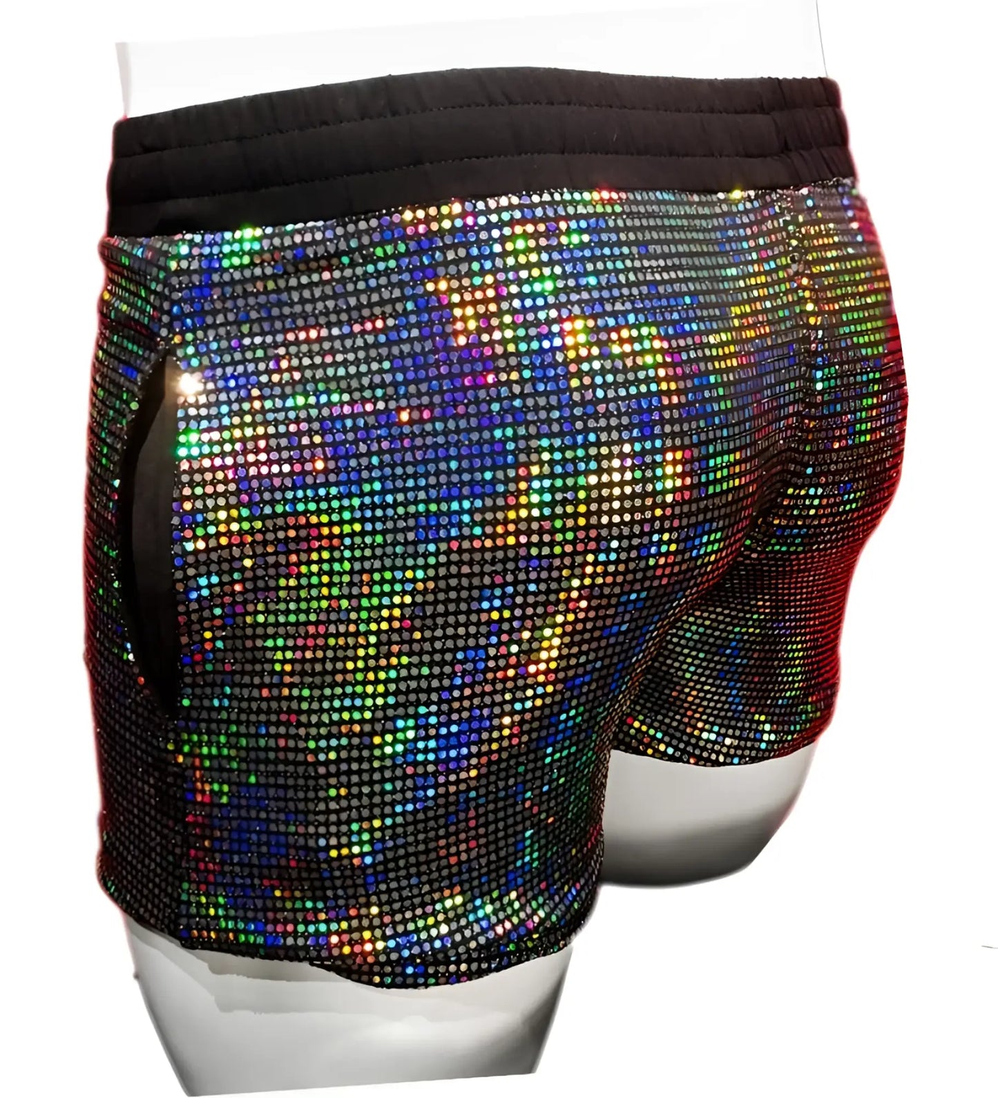 Shiny rainbow-hued flat sequin shorts with black elastic waistband made of sequined fabric for vibrant style