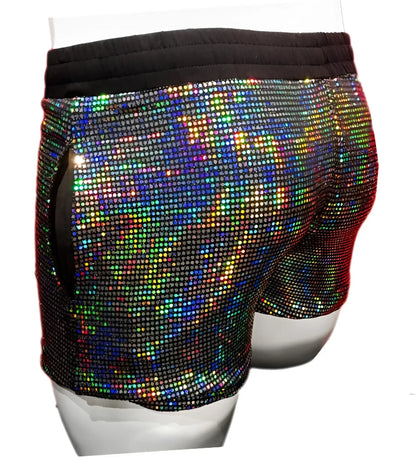 Shiny rainbow-hued flat sequin shorts with black elastic waistband made of sequined fabric for vibrant style