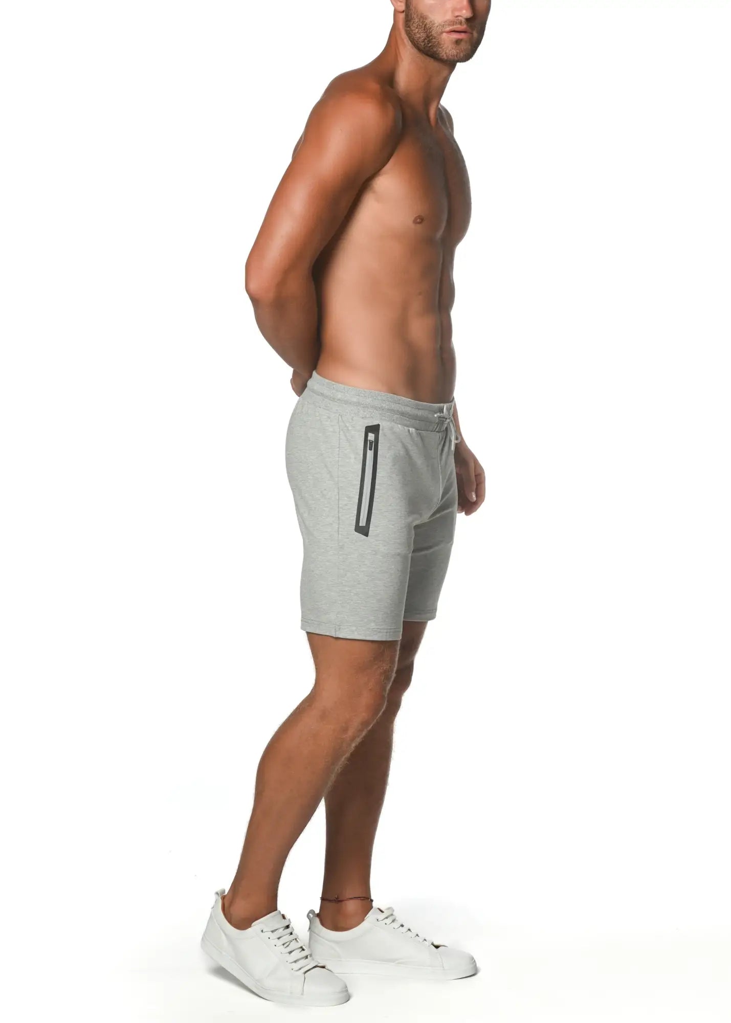 Gray fleece flex-cotton stretch shorts with a black side zipper pocket designed for athletic use
