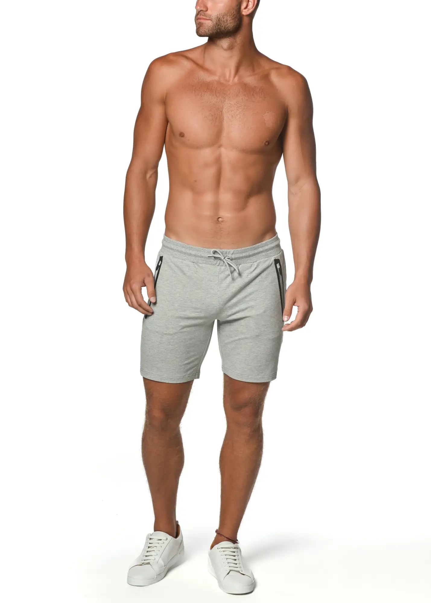 Gray fleece flex-cotton stretch shorts with black side zipper accents and drawstring waistband for athletic use