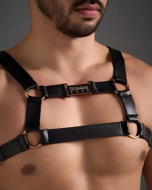 Black leather flex harness with gold toned metal rings and central plaque engraved teamb play