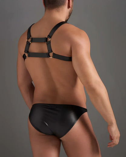 Black leather flex harness with gold-toned metal rings worn over matching black patent leather brief