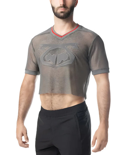 Flex jersey gray mesh crop top with red-trimmed v-neck and bold dark gray logo on the chest