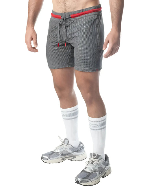 Flex rugby short gray mesh shorts with red elastic waistband and matching drawstring for athletic use