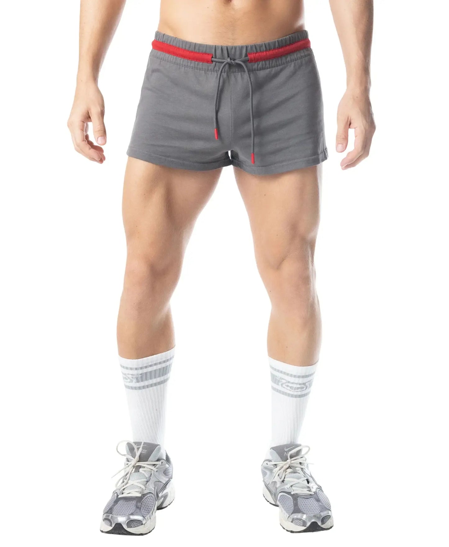 Flex trunk short gray athletic shorts with red elastic waistband and matching drawstring for activewear use
