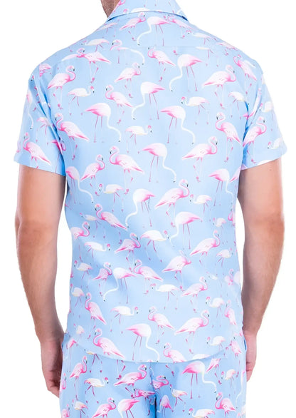 Light blue flocktail hour short-sleeved button-up shirt with playful pink flamingo pattern for casual wear