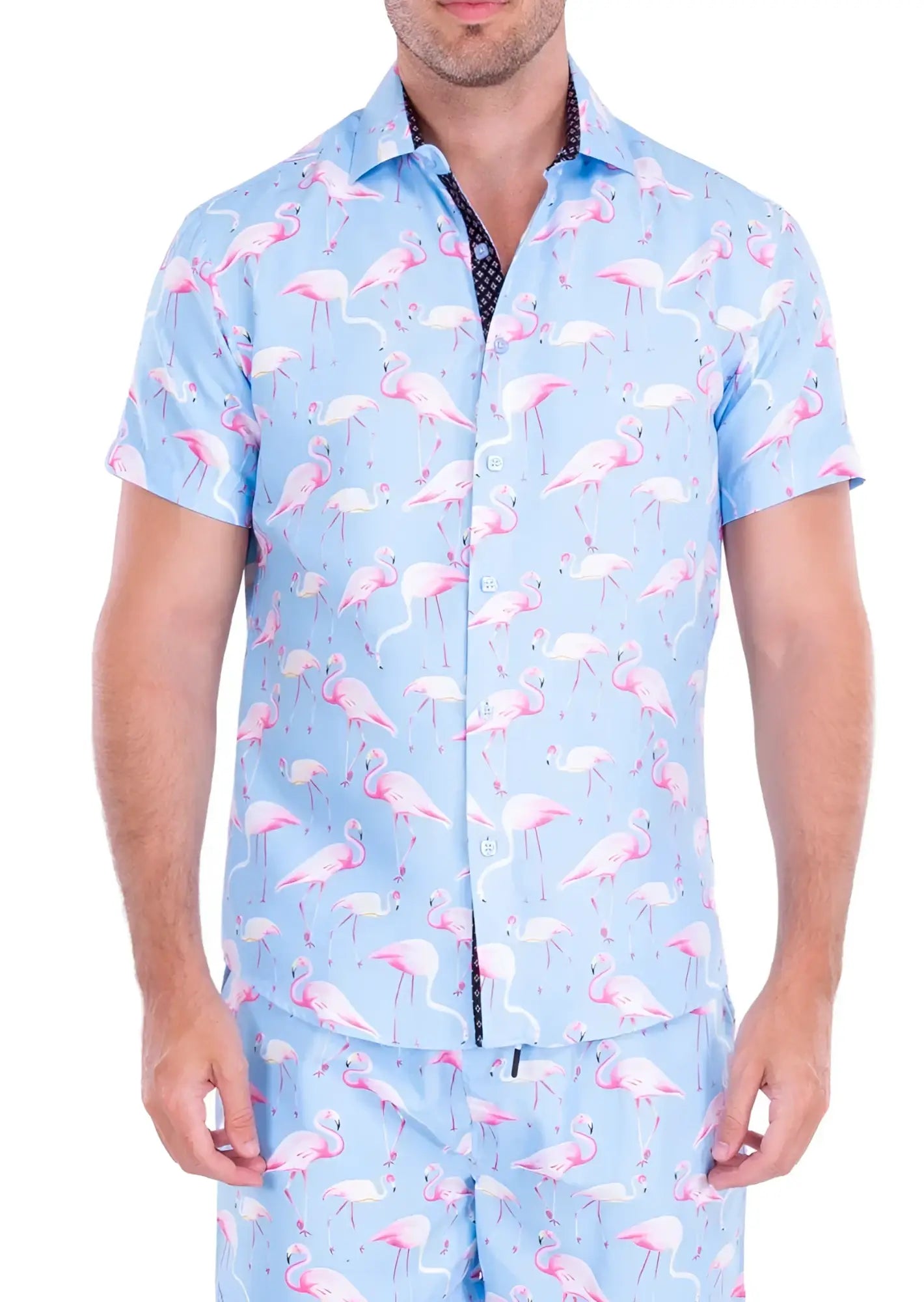 Light blue short-sleeved button-up shirt with pink flamingo pattern flocktail hour s s shirt front view