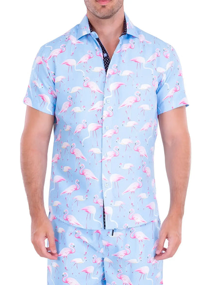 Light blue short-sleeved button-up shirt with pink flamingo pattern flocktail hour s s shirt front view