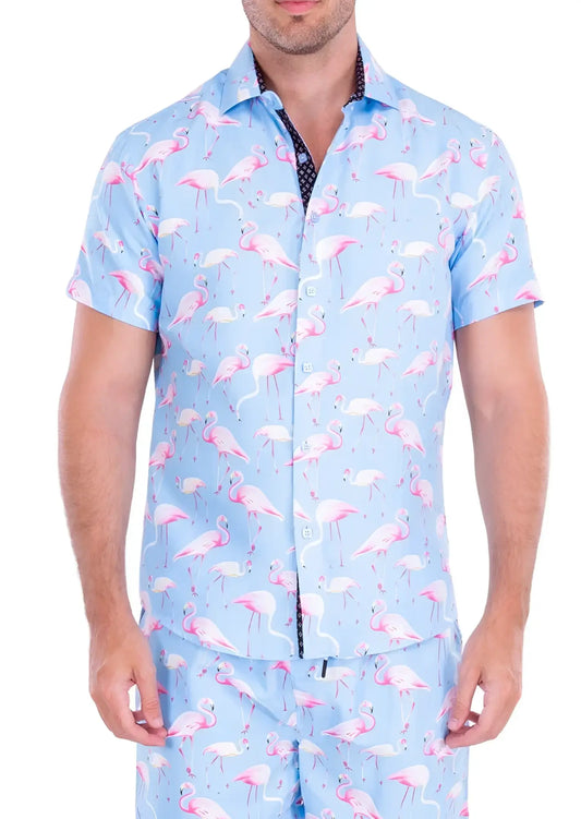 Light blue short-sleeved button-up shirt with pink flamingo pattern flocktail hour s s shirt front view