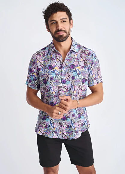 A vibrant purple and blue floral lightweight linen tencel short-sleeved button-up shirt for summer wear