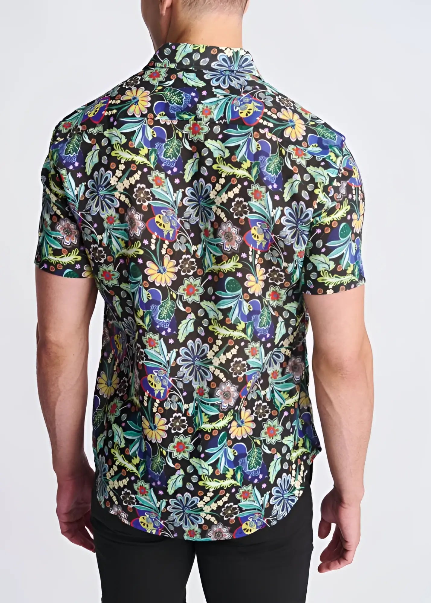 Floral lightweight linen tencel short-sleeved shirt with vibrant blue green yellow and purple floral pattern on black background