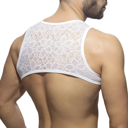 White floral lace harness tank top featuring delicate lace material and floral design for stylish layering