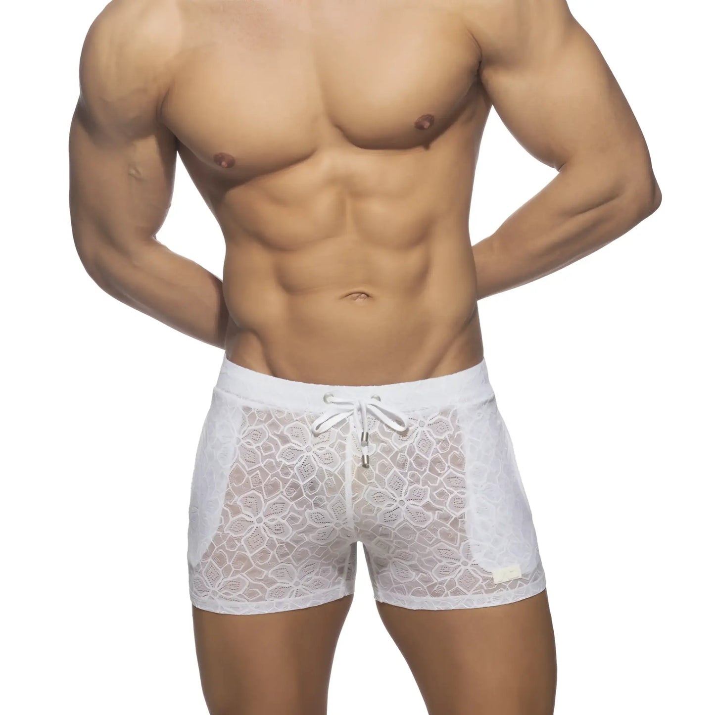 White lace-trimmed men’s briefs with floral pattern and drawstring waistband from flowery lace short collection